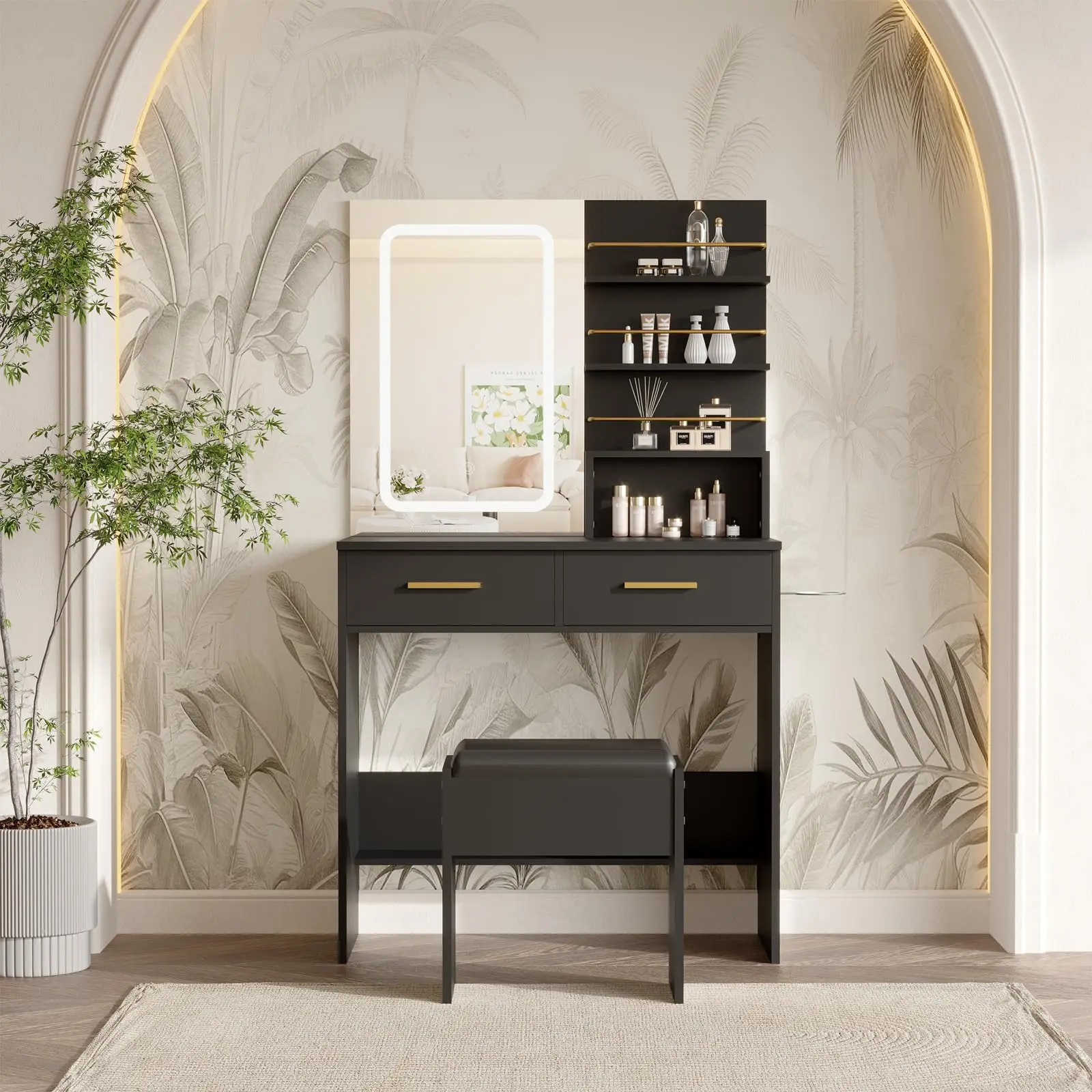 Modern Black Vanity Desk with LED Lighted Mirror – 3 Color Modes, 4 Open Shelves, 2 Drawers, Cushioned Stool, Charging Station