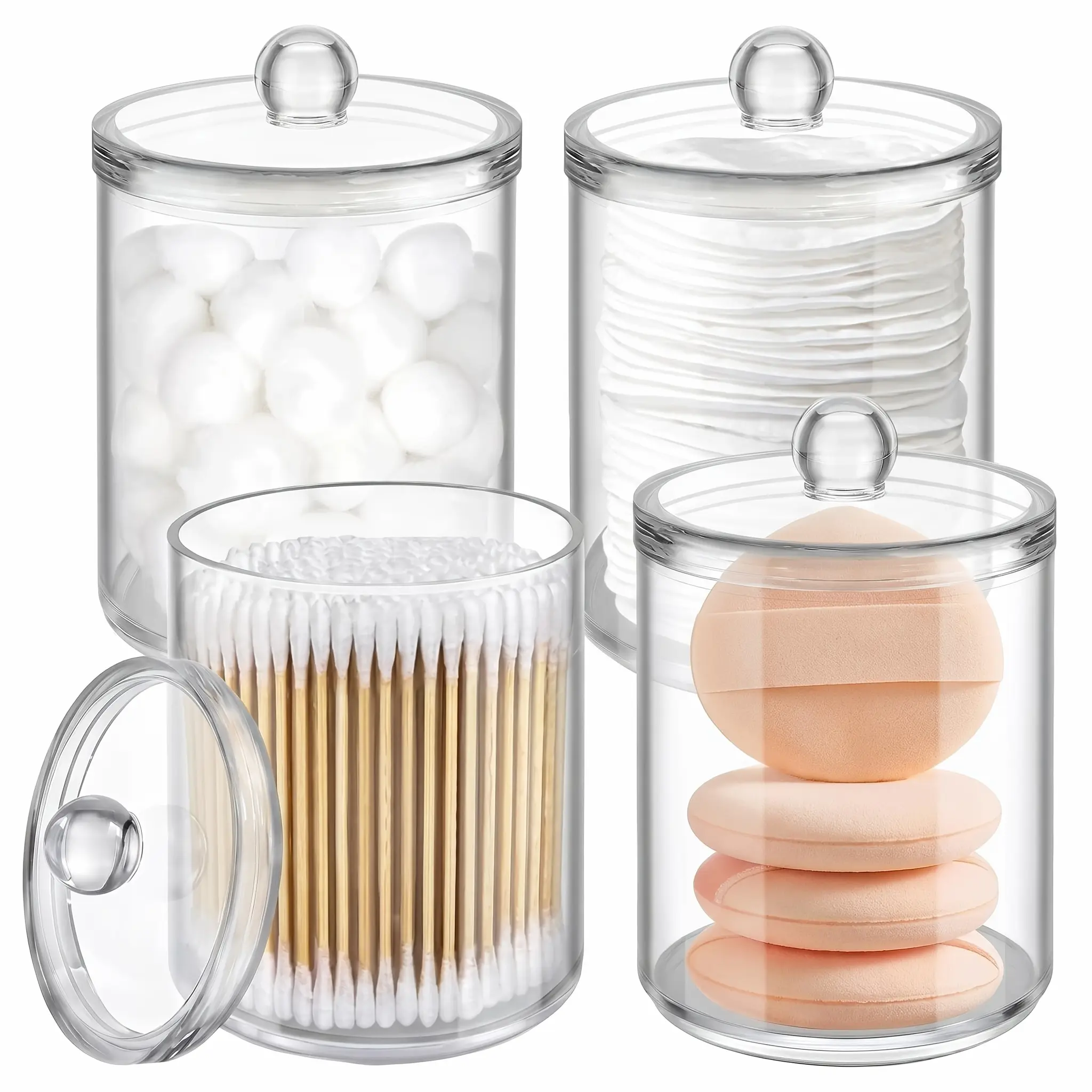4 Pack Acrylic Qtip Holder Dispenser for Cotton Swabs, Balls, Pads, Floss Picks - Small Clear Plastic Canister Apothecary Jar Set, Bathroom Essentials Additions Decor, Vanity Makeup Storage Organizer