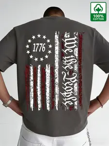 Men's 100% Cotton 1776 We the People Distressed American Flag Graphic Tee, Oversized Patriotic Streetwear T-Shirt, Slim-Fitting Long Top