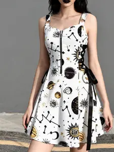 Starry Sky Print Y2K Summer Sleeveless Short Dress, Streetwear Casual Young Fashion Women's Dress, Constellation Dress, Casual Chic Dress, Metal Zipper Neck, Adjustable Tie Waist Slim Fit