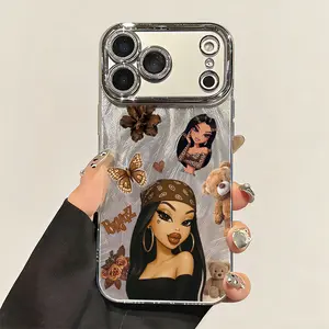 Cute Bratz Girls Pattern Phone Case for iPhone 17 Pro Max 17Air 16 Plus 15 14 13 12 11 Fashionable Silver Brushed Texture Shockproof Protective Casing Cover