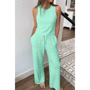 Moonlight Jade Drawstring Elastic Waistband Solid Color Two Piece Casual Set