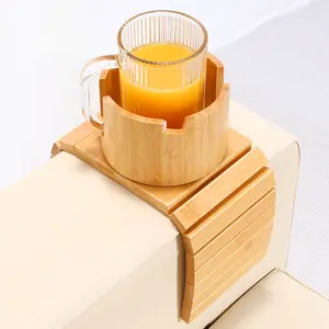 3-in-1 Bamboo Sofa Armrest Tray, Clip-On Cup Holder with 360° Rotating Phone Stand, Foldable Anti-Slip Armrest Tray for Coffee Mugs & Movie Nights table