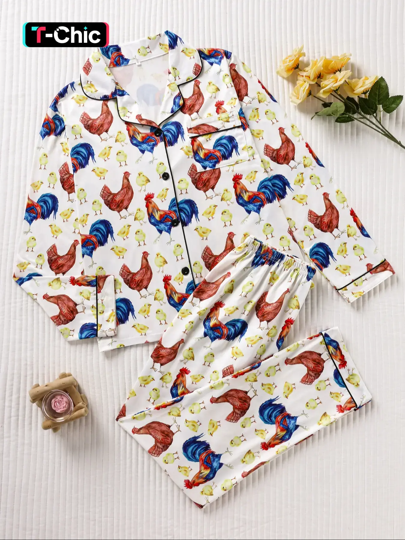 Women's Two-Piece Fun Chicken Pattern Print Sleepwear Loungewear Set, Loose Fit Button-Up Long Sleeve Top & Pants, Elegant Spring & Fall Nightwear, Pajama