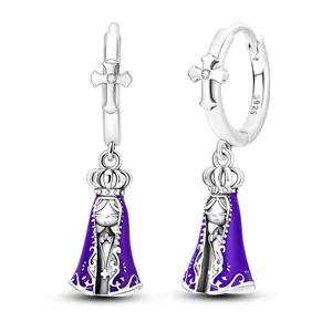 Virgin Cross Dangle Earrings 925 Sterling Silver, Purple Enamel Religious Charm Huggie Hoops, For Earring Stacks Adult Daily Festival Jewelry Gift