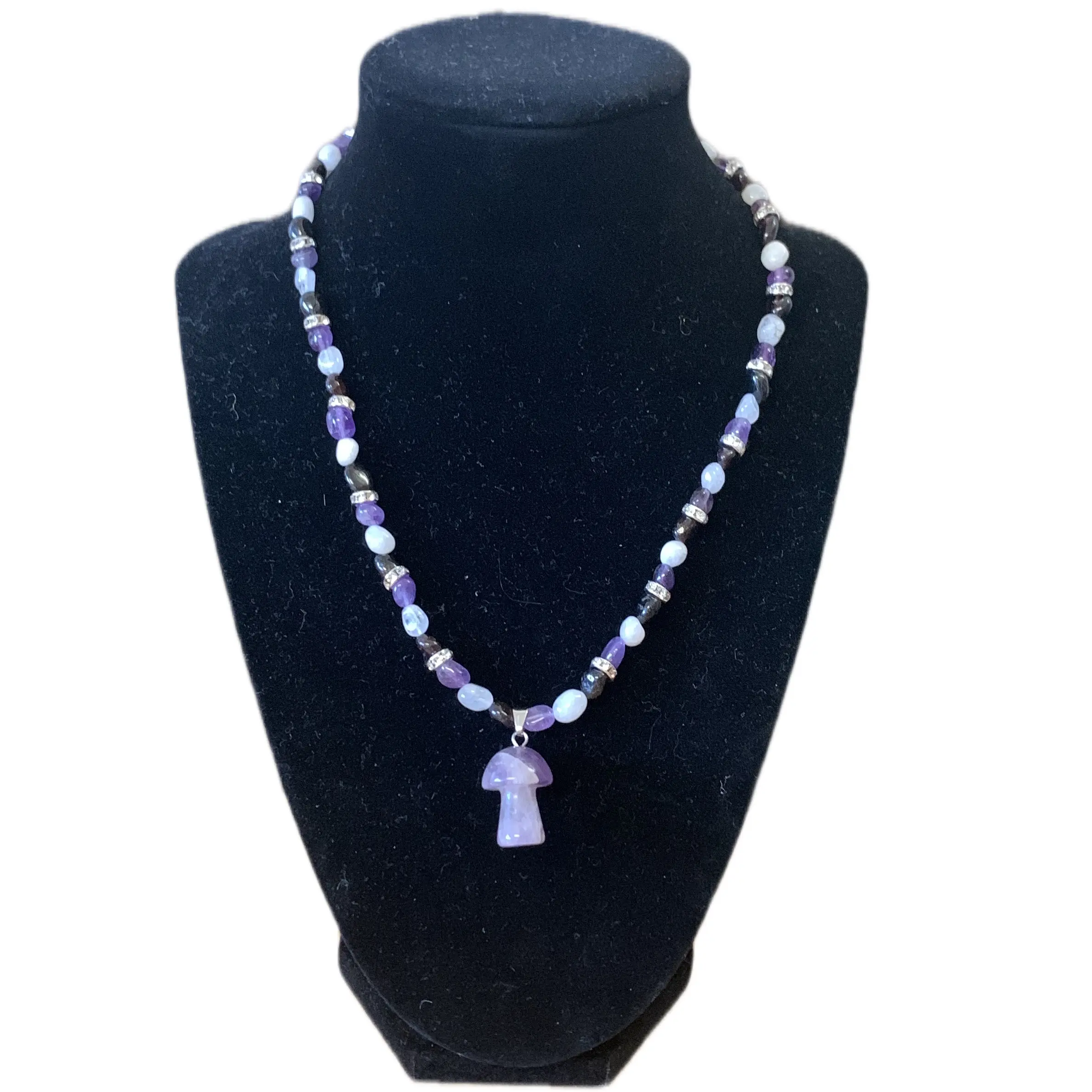 Natural Crystal Necklace made from Amythest, Moonstone and Garnet with an Amethyst Mushroom Pendant