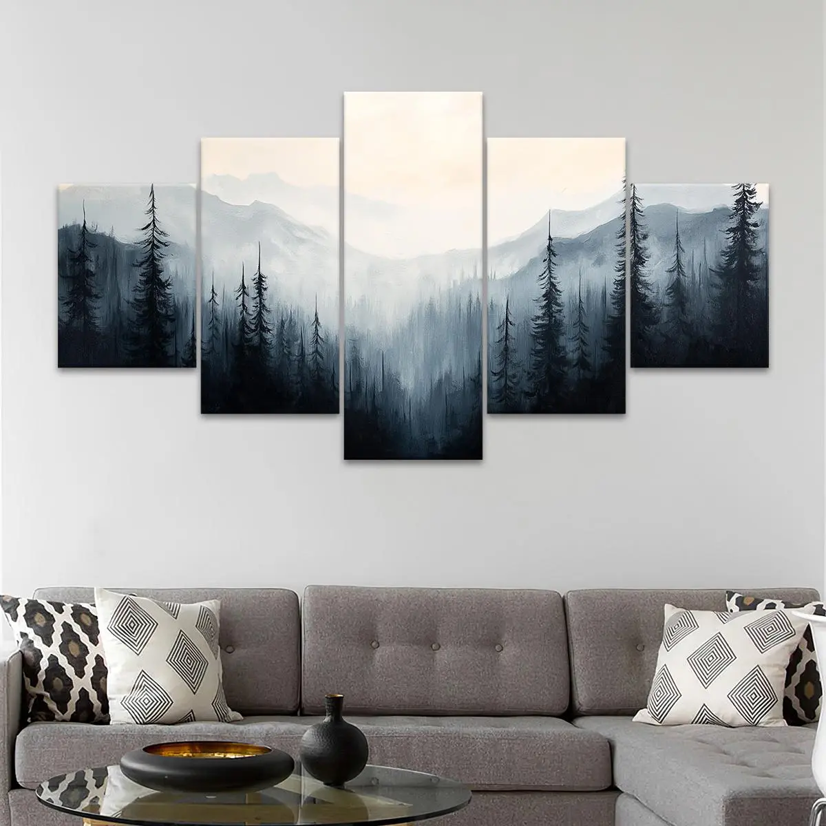 5 Counts Unframed Canvas Poster, Unframed Art Print, Misty Mountain Forest Landscape, Exquisite Poster, Perfect Living Room Decoration, Modern Art, Fashion Family Poster, Wall Art Decoration, Modern Home Decor, Odorless, Waterproof, Artwork