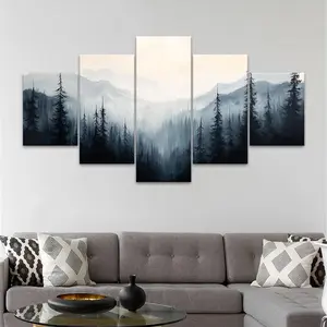 5 Counts Unframed Canvas Poster, Unframed Art Print, Misty Mountain Forest Landscape, Exquisite Poster, Perfect Living Room Decoration, Modern Art, Fashion Family Poster, Wall Art Decoration, Odorless, Waterproof, Artwork
