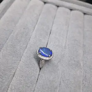 Lightning Ridge Opal Silver Moissanite Setting Adjustable Ring with Blue Opal Stone and Silver Moissanite Accents