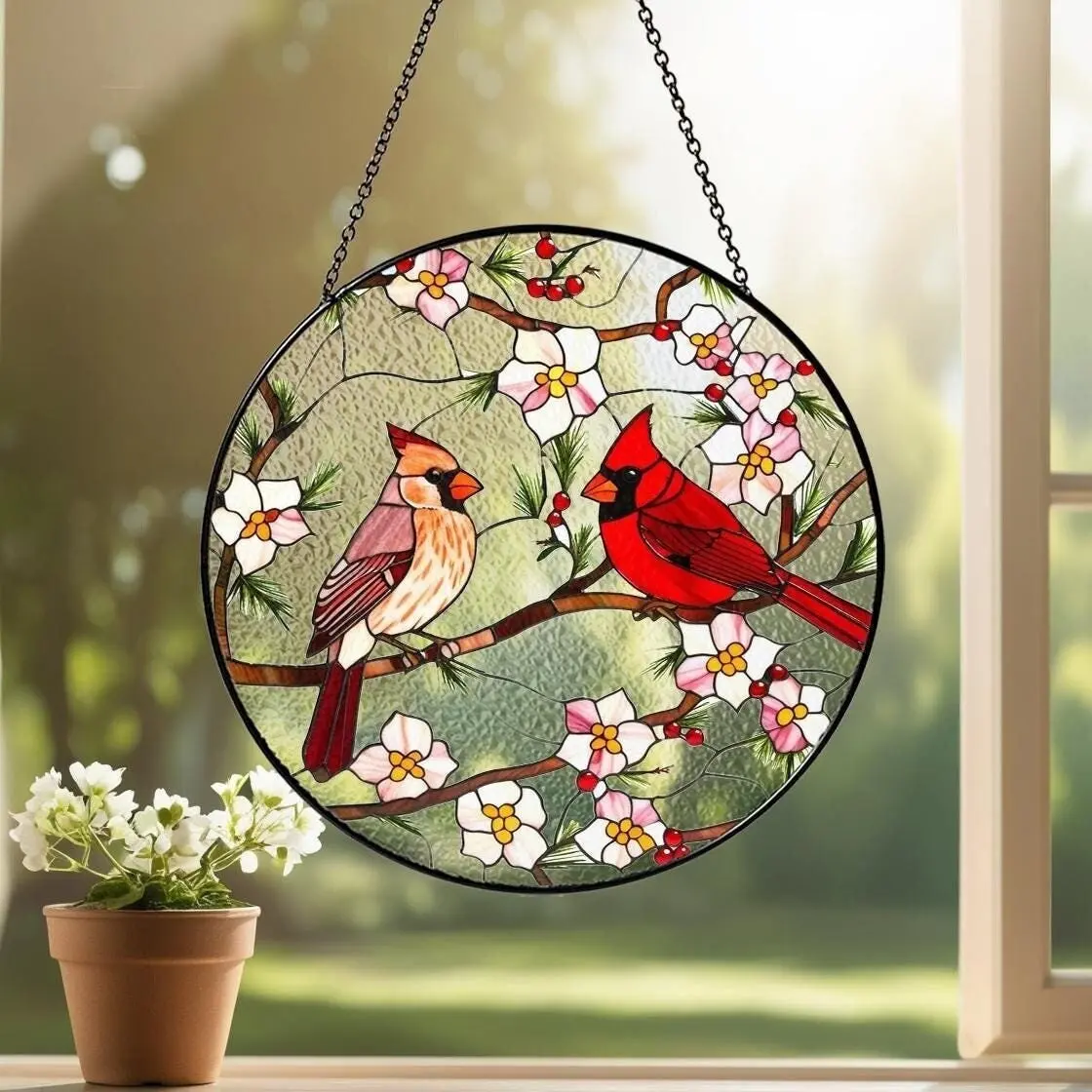 Cardinal Stained Glass Suncatcher, Stained Glass Propagation Wall Hanging, Bird Lover, Bird Glass Art, Home Decor, Male & Female Cardinal, Memorial Suncatcher, Gifts for Women Mom