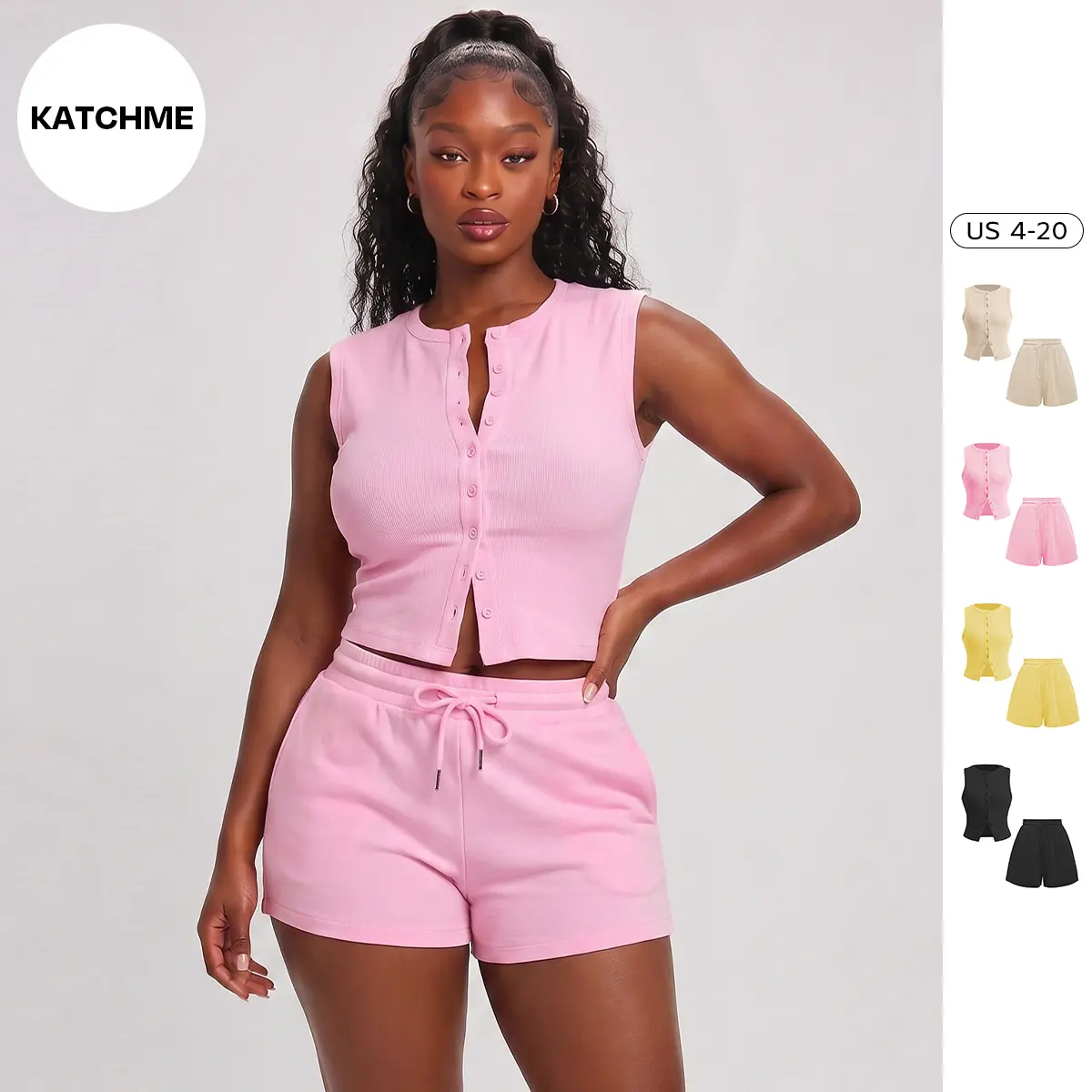 Katch Me Chic Women's Minimalist Button-Up Tank Top & Drawstring Waist Shorts Co-ord, Basic Co-ord Set for Lady Spring & Summer, Comfort Two Piece Outfit
