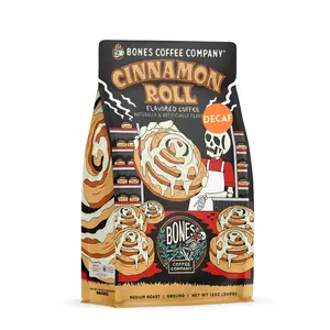 Bones Coffee Company Decaf Cinnamon Roll Flavor, Made with Arabica Coffee Beans, Medium Roast, Ground and Whole Coffee (12oz) Beverage