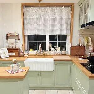 1PC Tie Top Plaid Kitchen Curtain Valance for Living Room Bedroom Small Windows Gingham Linen Cafe Curtain Short Vintage French Window Treatment Tiers Bathroom Farmhouse Valance