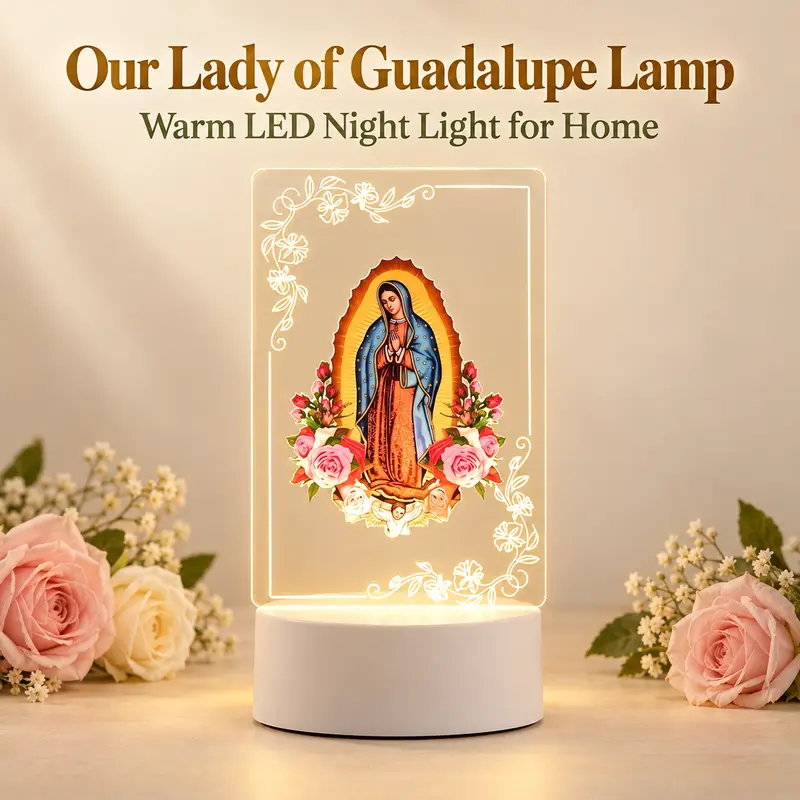 Virgin of Guadalupe Religious Decorative Ambiance Night Light - 7-Color LED Acrylic USB-Port Table Lamp, Durable & Elegant Energy-Efficient Decorative Ambiance Lighting, Interior LED Lights for Bedroom, Calming Atmosphere Gift for Spiritual Users