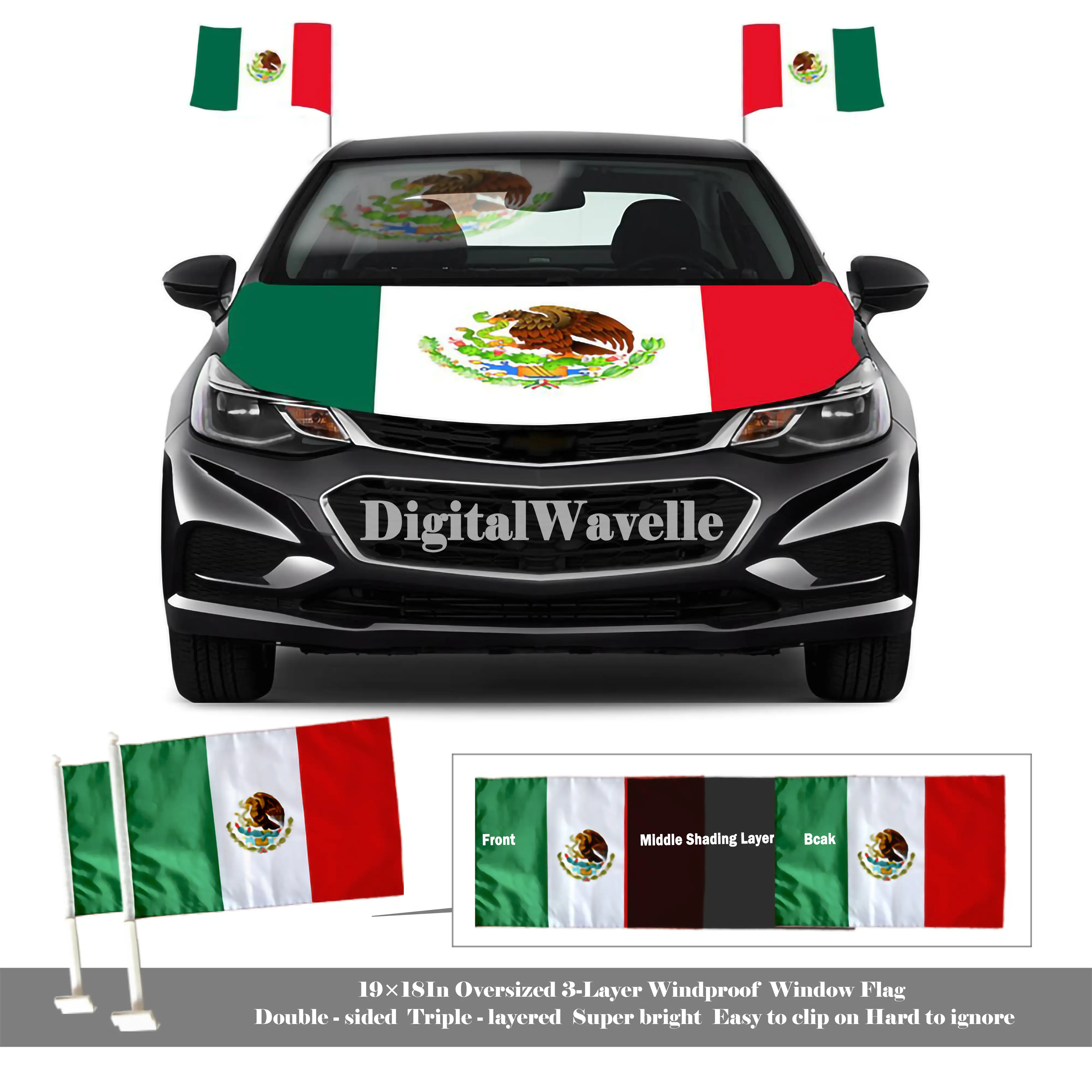 Patriotic Mexico Car Hood Cover (4×5ft) , Select Set Or One Hood Cover, Or 2 Mexico Window Flags (19×18in), Bandera para Capó, Independence Day Sep.15