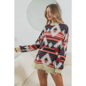 BiBi Aztec Print Mirr Mock Neck Lslv Top