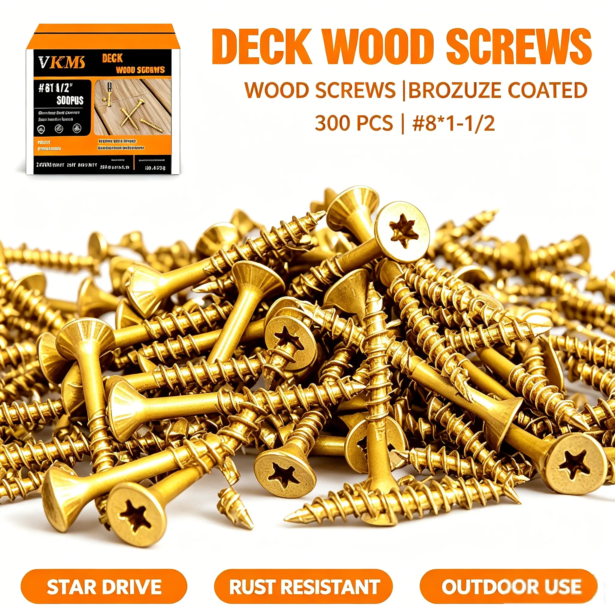 VKKM #8 x 1-1/2 Inch Deck Wood Screws 300Pcs, T25 Torx Star Drive Self-Tapping Exterior Screws, Anti-Rust Yellow Coated Carbon Steel Fasteners with Free Bit for Fence Framing Furniture