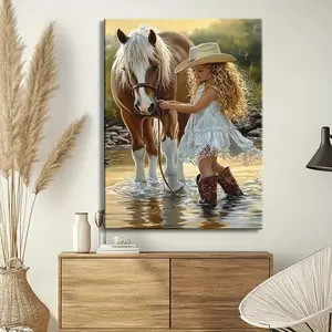 Vintage Americana Style Framed Canvas Wall Art Rustic Wood Frame Girl and Horse Scene High Quality Print for Living Room Bedroom Home Office Decor Western Home Decor Bedroom Artwork Classic Frame Design Earth Tone Artwork