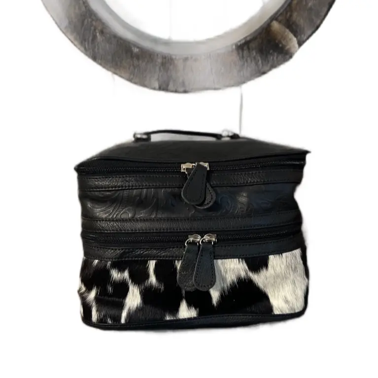 Black White New Embossed Leather & Cowhide Cosmetic Makeup Dopler Bag Travel Case with Zipper Closure