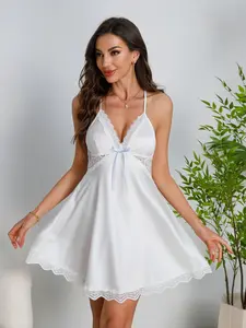 Women's Satin Lace Sleepwear Set, Deep V Neck Backless Design, Sexy Nightgown & Robe Combo, Comfortable Home Wear Loungewear