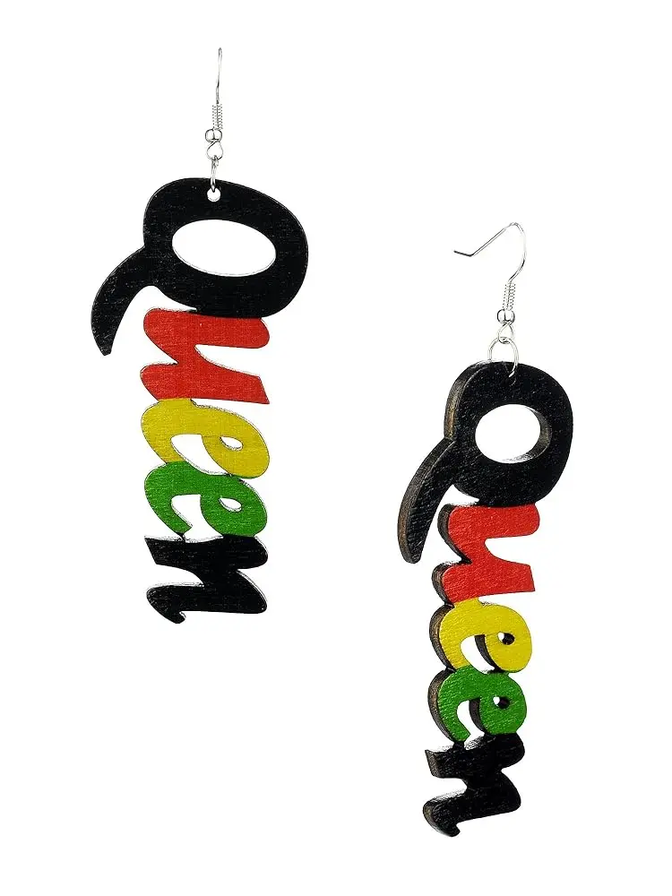 Afrocentric Designs: Women's African Text Dangle Earrings, Queen/Rasta Style