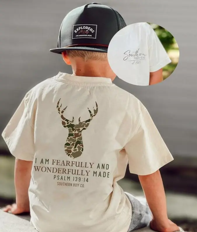 Adult & Youth Camo Deer I Am Fearfully & Wonderfully Tshirt, 2-side tee, toddler boy clothing, kids stuff for boys, Youth girl clothes