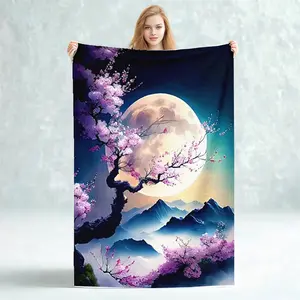 [2D flat] Moonlit night cherry blossoms landscape creative design minimalist style print exquisite blanket, perfect for napping, an excellent Christmas gift/New Year gift/Valentine's Day gift