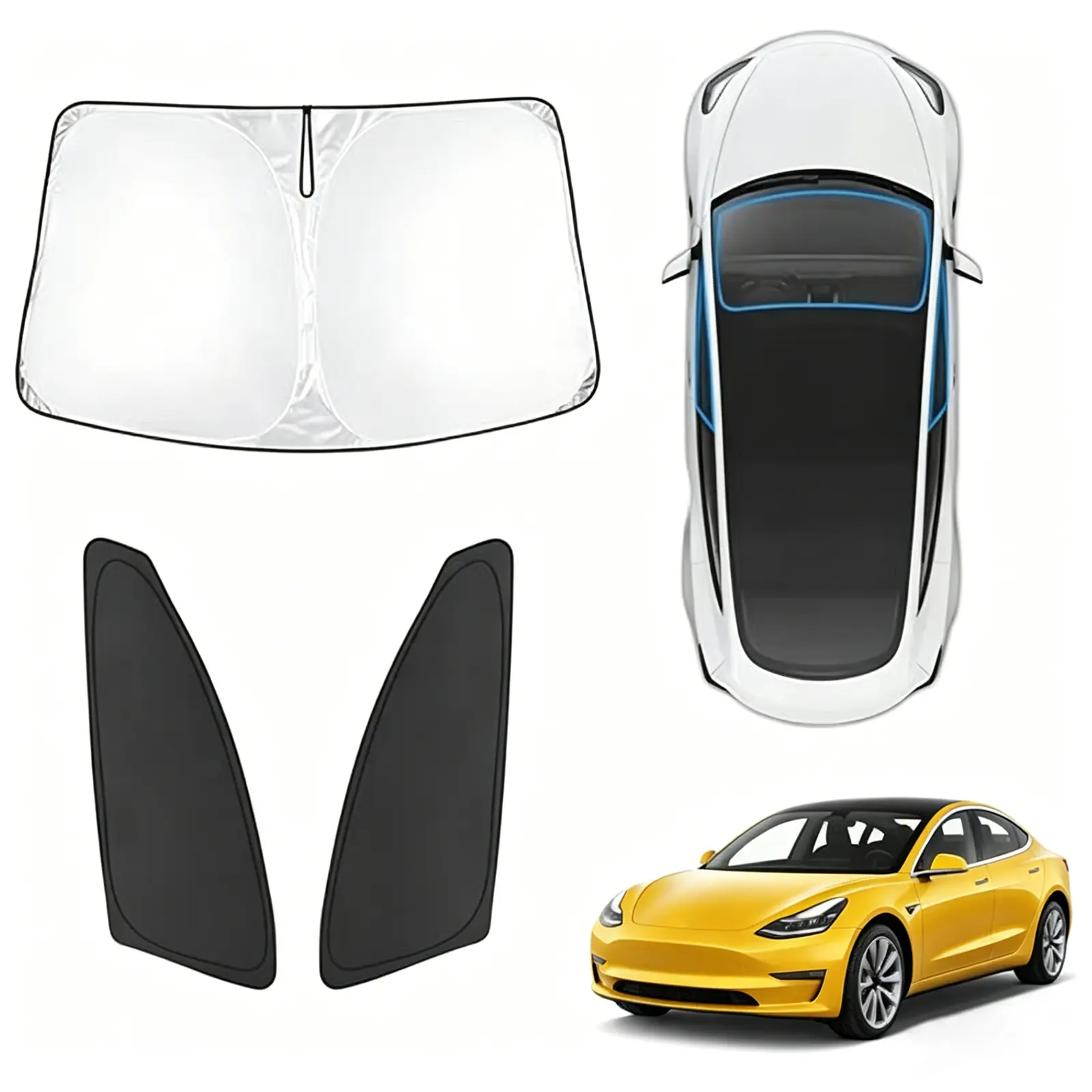 Canvcle 3PCS Front and Side Windshield Sun Shade for Tesla Model 3 2017-2025 2026, 210T Window Sunshade Custom Fit Model 3 Highland, Foldable Sun Shield Sun Visor Protector Keep Your Car Cool