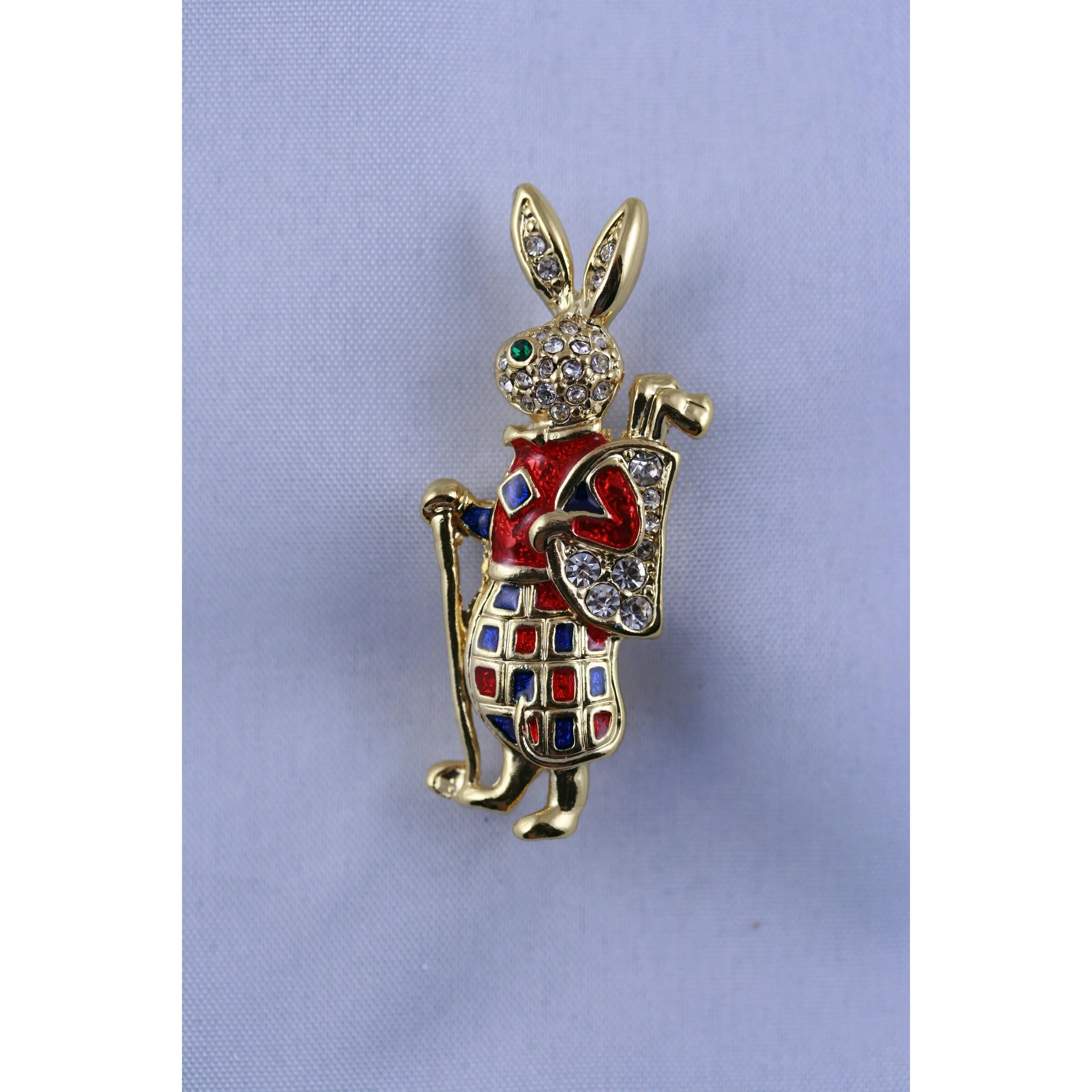 Harlequin Easter Bunny Brooch, Collectible Black and Red Enamel Pin with Rhinestone Accents, Fashion Golf Bag Jewelry for Golfers, Brooch Pin