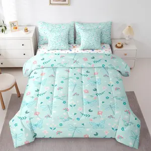 Butterfly Dragonfly 7 Piece Bedding Set Mint Green Comforter Set with Sheets for Kids Boys Girls Flowers and Plants Bed in a Bag Nature Plants Bed Set Soft Lightweight