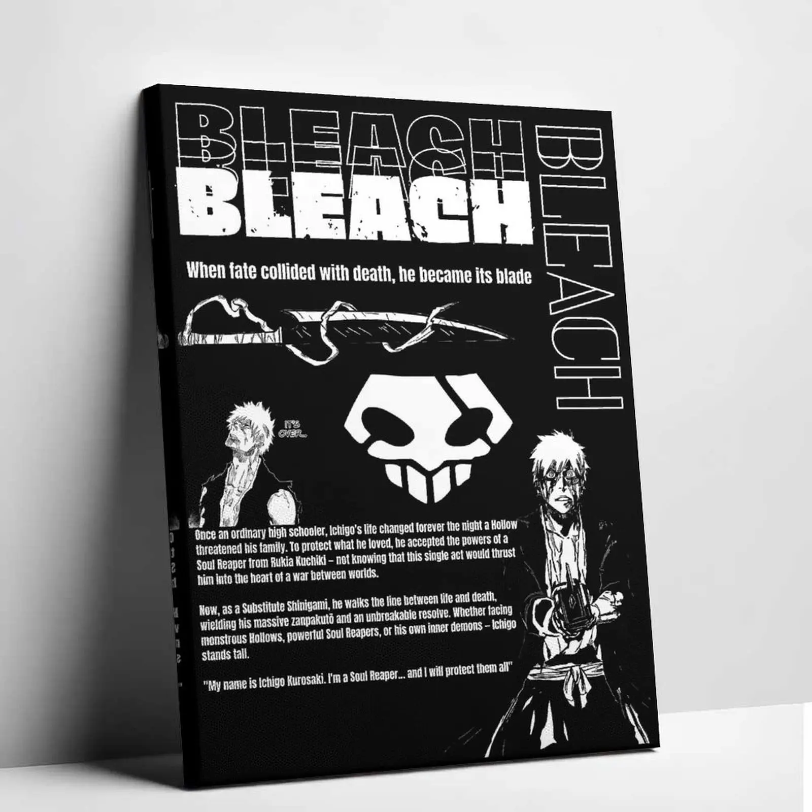 Bleach Ichigo Kurosaki Anime Canvas Wall Art Vintage Manga Style Poster Substitute Shinigami Graphic Design Aesthetic Living Room Bedroom Decor Trendy Shonen Fan Collection Art Painting