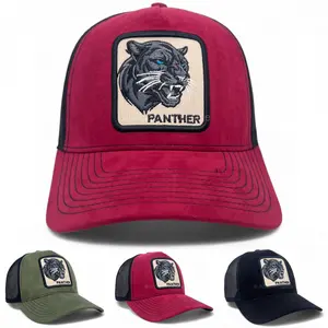 Mesh Trucker Hat Black Panther Patch Suede Baseball Cap Snapback Adjustable Size