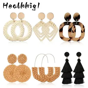 6pcs Vintage Straw Earrings for Women, Tassel Woven Bohemian Earring, Ethnic Chic Jewelry