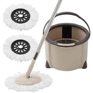 Spin Mop and Bucket Set, 2 Microfiber Mop Heads, Adjustable Stainless Steel Handle, Self-Cleaning Mop Bucket System for Hardwood, Tile, Vinyl Floors, Brown