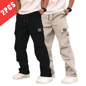 2pcs men’s spring–autumn work pants, multicolor with pockets, stylish casual straight-leg long trousers, fitted cut, medium fabric, casual bottoms