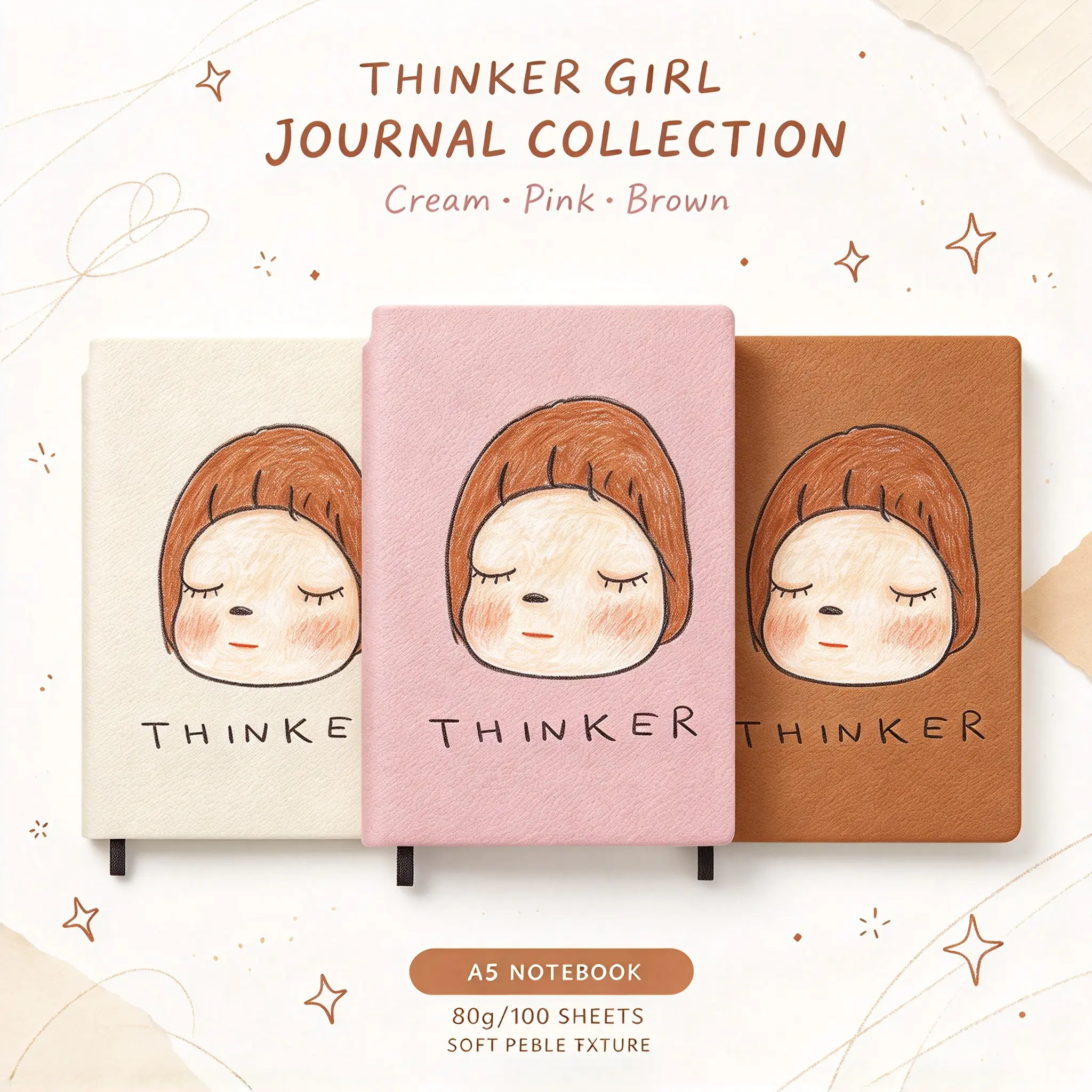 Thinker Girl Journal Collection A5 Notebook 80g/100 Sheets Litchi-pattern in Cream Pink Brown