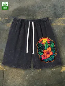Men's Vintage Washed Cotton Shorts - Distressed Batik Print Tropical Hibiscus & Palm Tree Design, Loose-Fit Mid-Rise Casual Beachwear, Breathable Summer Outdoor Shorts for & Everyday Style (Machine...