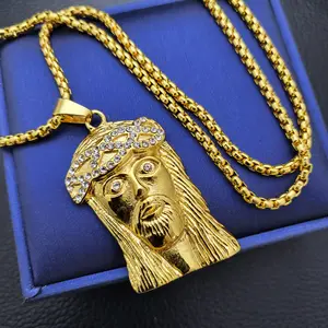 Men's Stainless steel Jesus CZ Religious Iced Pendant & 24" Rolo Chain Hip Hop Fashion Necklace (MBSCP-3008)