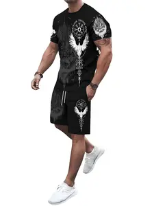 Men's Viking Raven Rune Print T-Shirt + Shorts Set, Casual Street Style, Loose-Fitting, All Seasons, Sporty, Streetwear