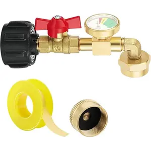 welltop Propane Adapter 1lb to 20lb, QCC1 Propane Refill Elbow Adapter with Gauge and ON-Off Control Valve 90 Degree Propane Refill Pressure Adapter for Camping Grill 1LB Bottle Tank 20~40LBS Cylinder