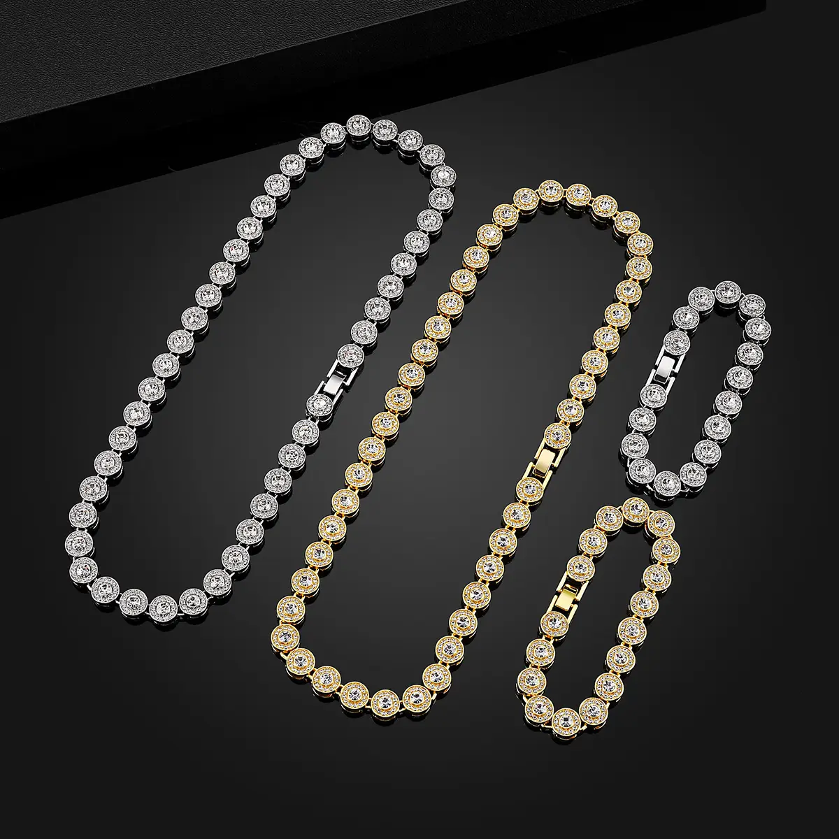 Unisex 2PCS Luxurious Round Cuban Chain Necklace & Bracelet Set - Hypoallergenic Bling Style Cubic Zirconia Jewelry, Party & Holiday Wear Accessories, Birthday Gift, Cubanchain, Necklaces Set, Hypoallergenic Fit