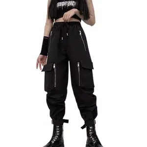 Black Cargo Pants Women Loose Chained Pants Multi-Pocket Multi-Zip Punk Goth Pants