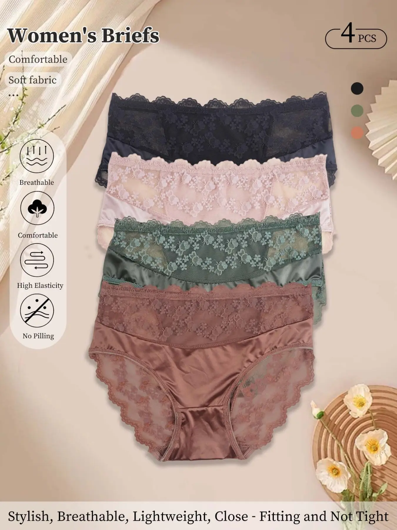 4 Pack Women Lace Panties, Fashion Panties, Sexy Bikini Briefs, Breathable, Feminine Ootd, Maternity Postpartum, Soft Girl Style, Gift for Her
