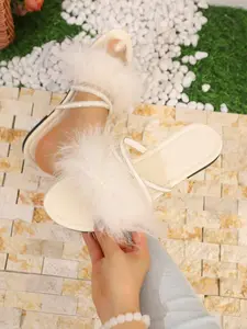 Elegant Feather Rhinestone Slippers, Soft Atmosphere One-Letter Slipper, Outdoor Flat Sandals for Women Summer, Comfortable and Stylish