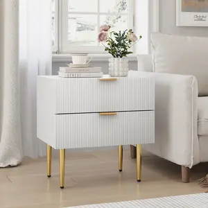 Mid Century Modern Nightstand by Semiocthome - 2 Fluted Panel Drawers, Gold Metal Legs, Spacious Top, Perfect for Bedroom or Living  Use room decor