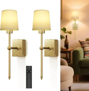 Gold Wall Sconces Set of 2  w/ Remote Control | Battery Operated | 4CCT and 5 Brightness Wall Lights for Bedroom, Living Room | Sconces Lighting