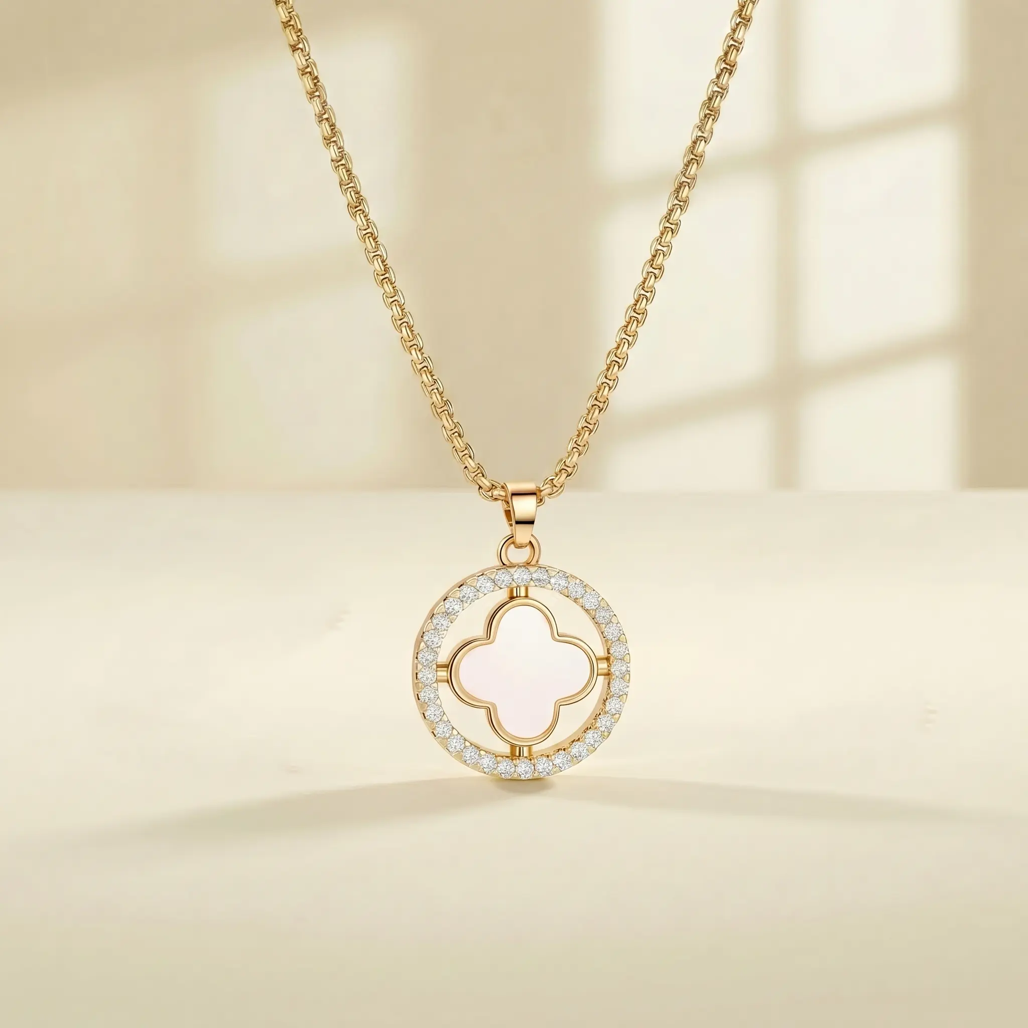 Women's Dainty 14K Gold Filled Lucky 4 Leaf Clover Necklace - CZ Pendant, Hypoallergenic Goldstone Fashion Pendants, Everyday Jewelry, Ideal Gift for Her Birthday Date Night