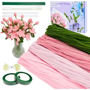 400 count Pipe Cleaners Craft,4 Assorted Colors Pipe Cleaners Bulk, Chenille Stems for Lily DIY  Flower Making Kit with Floral Wires, Gardening Tape,Stamen for Starter, Wrapping Party Decor