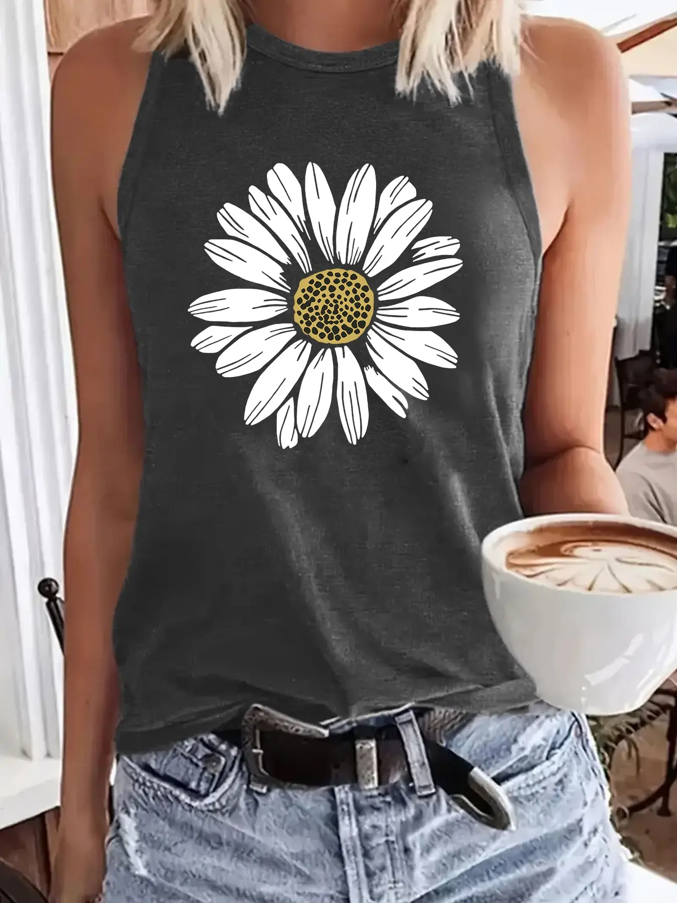 Women's Sunflower Sleeveless Vest, Casual Stretch Top, Round Neck, All-Season, Fun Design, Floral, Elastic Fabric, Stretchy
