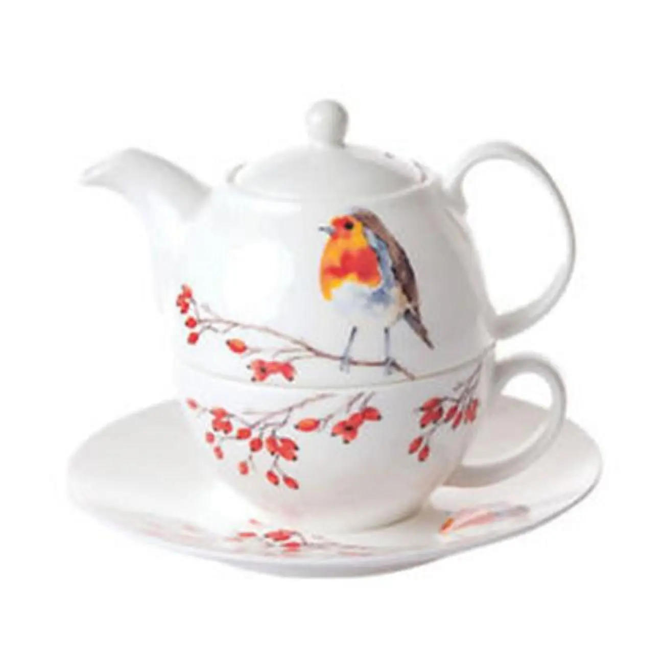 90 mm Robin Tea-for-1 Teapot Set with Spout, Teacup & Saucer, Multicolor Kitchen Tea Ware